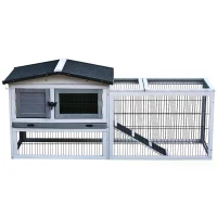 PawHut 2 Level Wooden Rabbit Bunny Guinea Pig Hutch w/ Outdoor Run Water Resistant Roof Pull out Tray Ramp 150 x 52.5 x 68 cm(m-11)