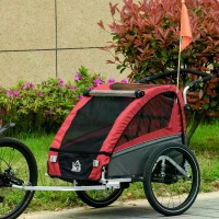 HOMCOM Child Bike Trailer 3 In1 Foldable Jogger Stroller 2-Seater Baby Stroller Transport Carrier with Shock Absorber System Adjustable Handlebar Storage Bag Red(m-2)