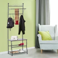 HOMCOM Entryway Multipurpose Metal Cloth Stand 3 Tier Shoe Rack w/ 5 Hooks - Black(m-15)