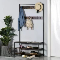 HOMCOM Coat Rack Stand, Free Standing Hall Tree, Coat Stand with Hooks, Bench and Shoe Rack, 100cm x 40cm x 184cm, Industrial Style, Rustic Brown and Black(m-2)