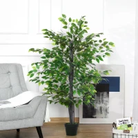 Outsunny 145cm Artificial Banyan Plant Faux Decorative Tree w/ Cement Pot Vibrant Greenery Shrubbery Indoor Outdoor Business Accessory(m-2)