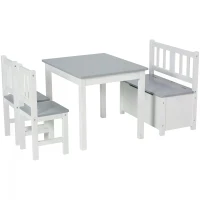 HOMCOM 4-Piece Kids Table and Chair Set with 2 Wooden Chairs, 1 Storage Bench, and Interesting Modern Design, Grey/White(m-11)