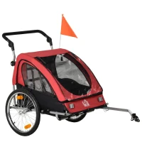 HOMCOM Child Bike Trailer 2 In1 Foldable Baby Stroller 2-Seater Transport Carrier with Adjustable Handlebar Storage Bag Reflector Flag 160L x 84W x 106H cm Red(m-1)