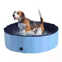 PawHut Foldable Dog Paddling Pool Pet Cat Swimming Pool Indoor/Outdoor Collapsible Summer Bathing Tub Shower Tub Puppy Washer (Φ100 x 30H cm, Blue)(m-11)