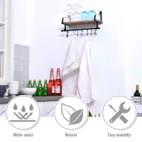 HOMCOM 21x48cm On-Wall Shelf & Rail 8 Hook Unit Metal Frame Wood Board Storage Display Organisation Home Bedroom Hallway Furniture Water-Resistant Natural Finish(m-7)