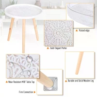HOMCOM Flower Eteched Side Table w/ Saucer Top Wood Legs Living Room Bedroom  Furniture Coffee End Table Display Decoration Elegant - White(m-6)