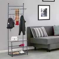 HOMCOM Entryway Multipurpose Metal Cloth Stand 3 Tier Shoe Rack w/ 5 Hooks - Black(m-2)