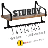 HOMCOM 21x48cm On-Wall Shelf & Rail 8 Hook Unit Metal Frame Wood Board Storage Display Organisation Home Bedroom Hallway Furniture Water-Resistant Natural Finish(m-5)