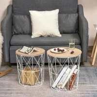 HOMCOM Set of 2 Metal Wire Side Coffee Table Sofa End Round Lift Top Storage Basket(m-7)