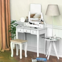 HOMCOM Dressing Table Set with 360° Spin Mirror and Cushioned Stool, Makeup Vanity Dresser Desk with 5 Drawers for Bedroom, White(m-2)