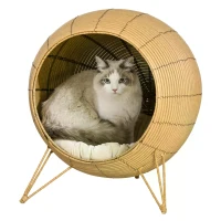 PawHut Wicker Cat Bed Elevated Rattan Kitten Basket Pet Den. House Cozy Cave with Soft Cushion D52 x 58cm Light Brown(m-11)
