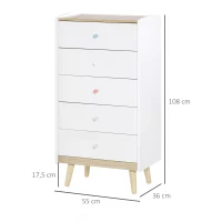 HOMCOM Kids Chest of Drawers Wardrobe Storage Tower Organizer Closet with 5 Drawers Solid Wood Handles Anti-toppling Device for Bedroom 55 x 36 x 108cm White(m-3)