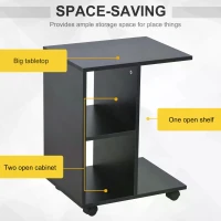 HOMCOM C-Shape End Table Unique Storage Unit w/ 2 Shelves 4 Wheels Freestanding Home Furniture Cabinet Square Black(m-4)
