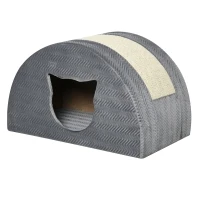 PawHut Cat House Kitten Condo Pet Bed Cave with Sisal Scratching Pad Plush Indoor Use for Rest and Play Grey(m-1)