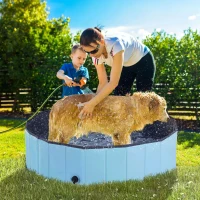 PawHut Foldable Dog Paddling Pool Pet Cat Swimming Pool Indoor/Outdoor Collapsible Summer Bathing Tub Shower Tub Puppy Washer (Φ120 × 30H cm, Blue)(m-2)
