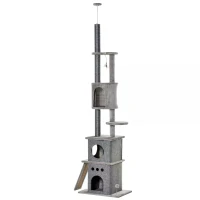 PawHut 255cm Floor To Ceiling Cat Tree for Indoor Cats Climber Scratching Post Adjustable Height Play Tower Removable Cover Grey(m-13)