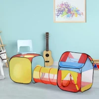 HOMCOM 3 in 1 Pop Up House Tent Play Tunnel Set Toddlers Crawl Tunnel Kids Playhouse Indoor Outdoor Garden Use Multicolor 230 x 70 x 89 cm(m-10)