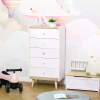HOMCOM Kids Chest of Drawers Wardrobe Storage Tower Organizer Closet with 5 Drawers Solid Wood Handles Anti-toppling Device for Bedroom 55 x 36 x 108cm White(m-2)