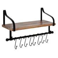 HOMCOM 21x48cm On-Wall Shelf & Rail 8 Hook Unit Metal Frame Wood Board Storage Display Organisation Home Bedroom Hallway Furniture Water-Resistant Natural Finish(m-1)