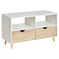 HOMCOM TV Stand with Shelf & Drawers Storage Cabinet Media Entertainment Center Modern White and Natural Wood Color(m-11)