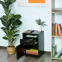 HOMCOM 60cm Filing Cabinet with Drawer, Open Shelf, Metal Handles and 4 Wheels, Office Home Organiser Mobile Printer, Black(m-10)
