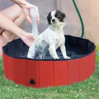 PawHut Foldable Dog Paddling Pool Pet Cat Swimming Pool Indoor/ Outdoor Collapsible Summer Bathing Tub Shower Tub Puppy Washer, Φ 100 x 30H cm, Red(m-2)