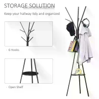 HOMCOM 180cm Free Standing Metal Coat Rack Stand 9 Hooks Clothes Tree with 1 Shelf Hat Display Hall Tree Hanger Bag Umbrella Hanging Organiser for Hallway Bedroom Waiting Room Living Room (Black)(m-4)