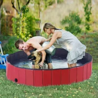 PawHut Foldable Dog Paddling Pool Pet Cat Swimming Pool Indoor/Outdoor Collapsible Summer Bathing Tub Shower Tub Puppy Washer (Φ160 × 30H cm, Red)(m-10)