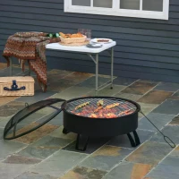 Outsunny 2-in-1 Outdoor Fire Pit with Cooking Grate Steel BBQ Grill Firepit Bowl with Spark Screen Cover, Fire Poker for Backyard Bonfire Patio(m-7)