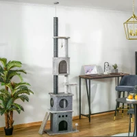 PawHut 255cm Floor To Ceiling Cat Tree for Indoor Cats Climber Scratching Post Adjustable Height Play Tower Removable Cover Grey(m-11)