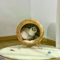 PawHut Wicker Cat Bed Elevated Rattan Kitten Basket Pet Den. House Cozy Cave with Soft Cushion D52 x 58cm Light Brown(m-9)