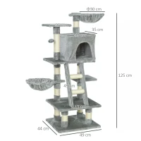 PawHut 125cm Plush Cat Tree Activity Center Sisal Rope Scratching Posts Hanging Ball Basket Perch Condo Grey(m-3)