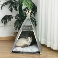 PawHut Pet Teepee Tent Cat Bed Dog House with Thick Cushion Chalkboard for Kitten and Puppy 80cm Grey(m-2)