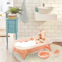 HOMCOM 3 in 1 Collapsible Baby Bath Tub Set Folding Kids Tub Wash Basin Shampoo Cup Non-Slip Support Leg for 0-3 Years, Pink(m-2)