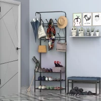 HOMCOM Coat Rack Stand Hall Tree Hallway Furniture with 18 Hooks 3-Tier Shoe Rack Metal Frame for Entryway Bedroom Living Room Black(m-11)