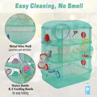 PawHut 3 Storey Hamster Cage Small Pet Animal Cage w/ Exercise Wheel Food Water Bowl Multi Activity Exercise Centre Green(m-6)
