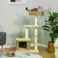 PawHut Cat tree Tower 109cm Climbing Activity Centre Kitten with Sisal Scratching Post Rattan Condo Perch Hanging Balls Toy(m-2)