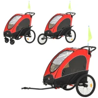 HOMCOM 3 In 1 Foldable Children Bike Trailer Kids Stroller Jogger Transport Buggy Carrier w/ Suspension Rubber Tires Adjustable Handlebar for 2 Kids Red and Black(m-1)