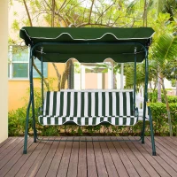 Outsunny 3 Seater Canopy Swing Chair Outdoor Garden Bench with Sun Cover Metal Frame - Green Stripes(m-2)