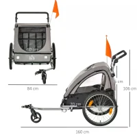 HOMCOM Child Bike Trailer 2 In1 Foldable Baby Stroller 2-Seater Transport Carrier with Adjustable Handlebar Storage Bag Reflector Flag Grey(m-3)