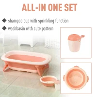 HOMCOM 3 in 1 Collapsible Baby Bath Tub Set Folding Kids Tub Wash Basin Shampoo Cup Non-Slip Support Leg for 0-3 Years, Pink(m-6)