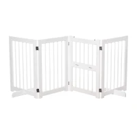 PawHut Wooden Pet Gate 4 Panel Foldable Fence with 2 Support Feet Freestanding Dog Safety Barrier for House Doorway Stairs, White(m-1)