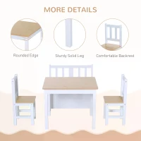 HOMCOM 4-Piece Kids Table and Chair Set with 2 Wooden Chairs, 1 Storage Bench, and Interesting Modern Design, Natural/White(m-5)