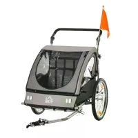 HOMCOM Child Bike Trailer 2 In1 Foldable Baby Stroller 2-Seater Transport Carrier with Adjustable Handlebar Storage Bag Reflector Flag Grey(m-4)