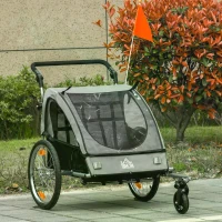 HOMCOM Child Bike Trailer 2 In1 Foldable Baby Stroller 2-Seater Transport Carrier with Adjustable Handlebar Storage Bag Reflector Flag Grey(m-2)