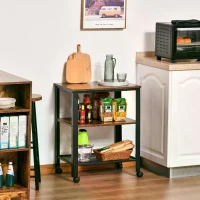 HOMCOM Rolling Microwave Cart Wooden 3-Tier Storage Shelf Industrial Style End Table for Kitchen, Living Room Accent Furniture(m-7)