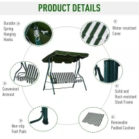 Outsunny 3 Seater Canopy Swing Chair Outdoor Garden Bench with Sun Cover Metal Frame - Green Stripes(m-5)