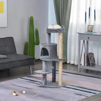 PawHut 104 cm Cat Tree, Cat Condo Tree Tower, Cat Activity Centre with Scratching Posts, Plush Perch, Hanging Ball - Grey(m-10)