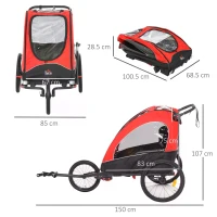 HOMCOM 3 In 1 Foldable Children Bike Trailer Kids Stroller Jogger Transport Buggy Carrier w/ Suspension Rubber Tires Adjustable Handlebar for 2 Kids Red and Black(m-3)