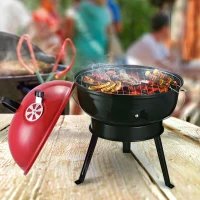 Outsunny Portable Small Charcoal Grill Barbecue BBQ Mini Tabletop Picnic Cooking Smoker Family Party Camping with Grid Tripod - Red(m-10)